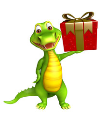 Naklejka premium cute Aligator cartoon character with gift box