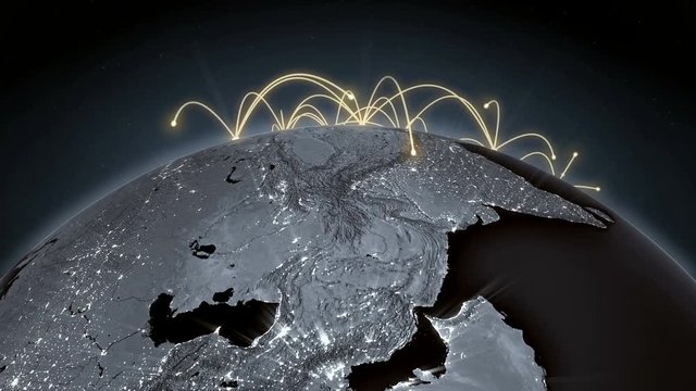 Growing global network across the world. Internet and business concept. Orange version. Loopable. 4K 