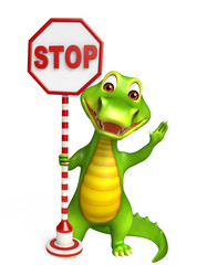cute Aligator cartoon character with stop board