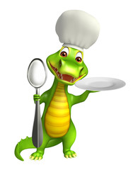 cute Aligator cartoon character with dinner plate and spoons