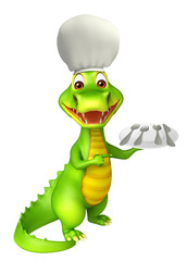 cute Aligator cartoon character with dinner plate and spoons