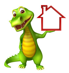 cute Aligator cartoon character with home sign