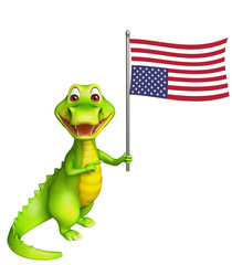 cute Aligator cartoon character with flag