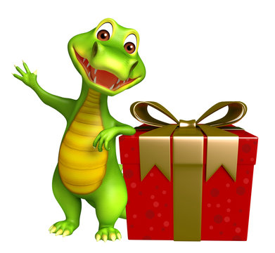 cute Aligator cartoon character with gift box