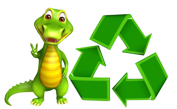 cute Aligator cartoon character with recycle sign