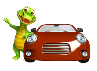 cute Aligator cartoon character with car