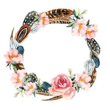 Watercolor wreath with bird feathers and flowers