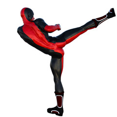 one young man in red and black superhero costume. Strike right foot. To right