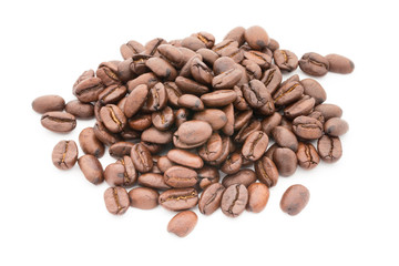 Coffee grains and leaves isolated on the white backgrounds.