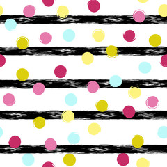 Cute vector seamless pattern . Brush strokes, circles. Stripes and circles hand drawn. Endless texture can be used for printing onto fabric or paper.