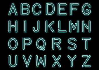 Glowing Cyan Blue Neon Alphabet isolated and transparent. Custom handcrafted font for design. Vector.