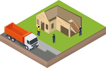 Isometric unfinished brick house construction with truck and builders