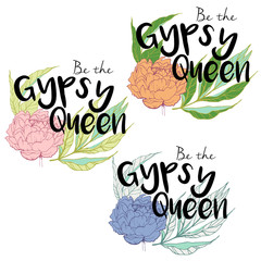 Be the Gypsy queen vector illustration of set of peony bouquet in trendy colors of 2016. Rose quartz, serenity, mint green, peach. Hand drawn engraving colored print.