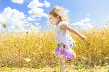 Profile of active running two years old girl at sunny farm rye field summer background
