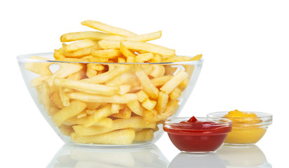 Bowl of French fries and sauces isolated on white background.