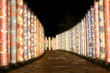 Naklejka premium Night illumination of kimono fabrics along a garden path in Kyoto, Japan