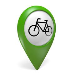 Green map pointer icon with a bicycle symbol for bike paths and cycling, 3D rendering