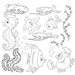 Set of marine inhabitants. Cartoon characters isolated. Vector illustration