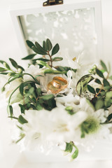 luxury wedding rings lying on the leaves and grass