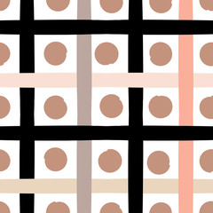 Cute vector geometric seamless pattern . Polka dots and stripes. Brush strokes. Hand drawn grunge texture. Abstract forms. Endless texture can be used for printing onto fabric or paper