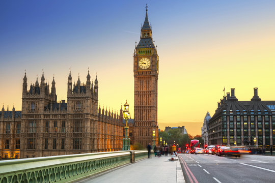 Big Ben and Westminster Bridge in London at sunset, UK