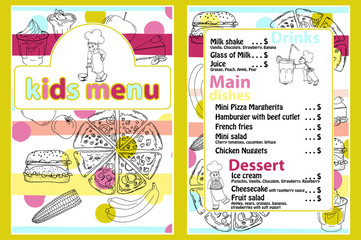 Cute colorful kids meal menu vector template with funny cartoon kitchen boy. Different types of dishes on a hand drawn grocery background