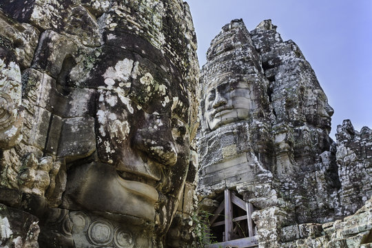 Bayon stone faces in Bayon temple at Angkor, Cambodia.