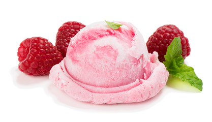 Scoop of raspberry ice cream and mint.