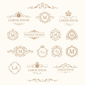 Set of elegant floral monograms and borders