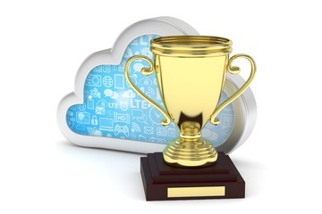 Isoalted golden cup with cloud on white background. Silver contour cloud. Concept of cloud storage competition. Leader cloud drive. Best storage contest. 3D rendering.