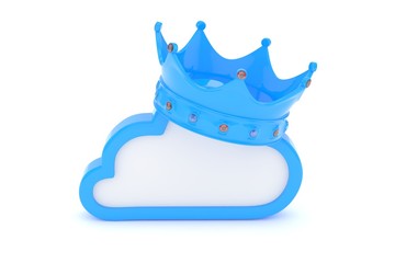 Isolated blue cloud icon with crown and gems on white background. Symbol of communication, network and technology. Broadband. Online database. 3D rendering.