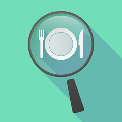 Long shadow magnifier vector icon with  a dish, knife and a fork