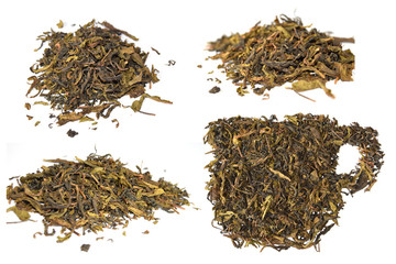 Fototapeta premium pile of dried tea leaves and dried tea leaves cup isolate on white background
