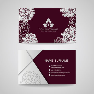 Business card - Silver floral frame and leaf logo on Crimson background  Stock Vector | Adobe Stock
