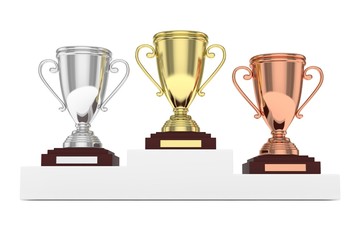 Three cups on white pedestal. 3D rendering.