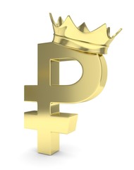Isolated golden ruble sign with golden crown on white background. Concept of making profit, income. Currency sign. Russian money. 3D rendering.
