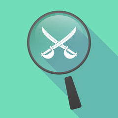 Long shadow magnifier vector icon with  two swords crossed