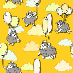 Seamless pattern with cute lams flying on balloons in the clouds