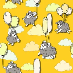 Tapeten Tiere mit Ballon Nahtloses Muster mit süßen Lammen, die auf Ballons in den Wolken fliegen