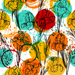 Seamless modern floral pattern with irises, spots, blots and splashes of paint