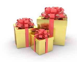three gift boxes with bows isolated on white. 3d rendering.