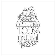 Sticker Logotype with inscription 100% natural with mountains, river, fields. Eco cartoon concept for stickers, banners, cards, advertisement. Line Art Vector illustration isolated on white background