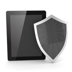 Tablet PC and shield on white device security concept. 3d rendering.