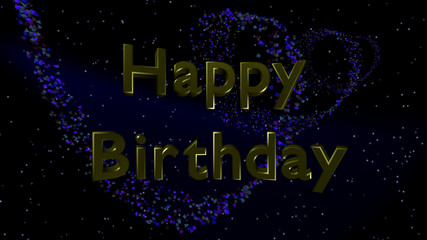 3D-Hintergrund: Goldener Schriftzug HAPPY BIRTHDAY vor einer blau-glänzenden Weltall-Spirale