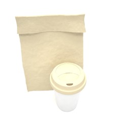 Coffee to go and lunch bag, on white. 3d rendering.