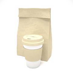 Coffee to go and lunch bag, on white. 3d rendering.