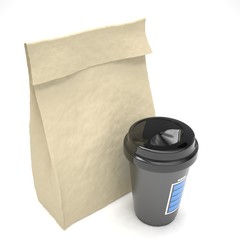 Coffee to go and lunch bag, on white. 3d rendering.