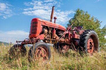 Obraz premium czerwony stary zardzewiały traktor w polu