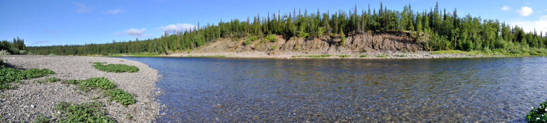 Panoramic river landscape in the polar Urals.