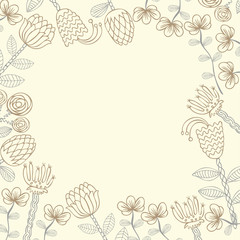 Vector Hand drawn floral background with frame for your text. Card with flowers. Doodle template universal hand drawn card